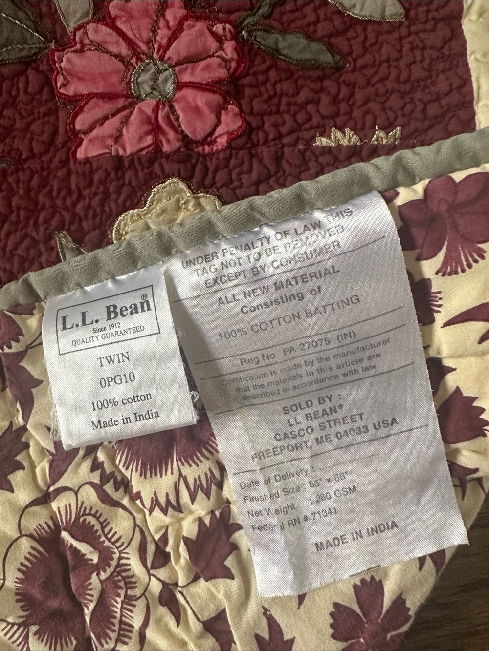 L.L.Bean Twin 100% Cotton Quilt Floral Embroidered - Picture 8 of 10
